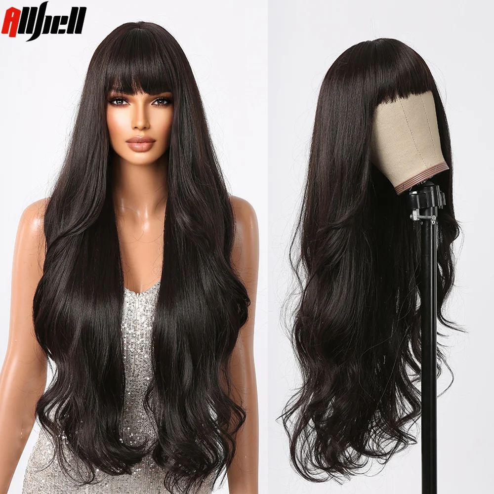 

Black Brown Bangs Synthetic Wig for Women Afro Long Natural Wavy Hair Wigs Heat Resistant Fiber Daily Cosplay Party Wedding Wig