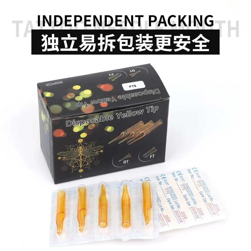 Disposable RT/FT Tattoo Nozzle Tips Yellow Plastic Steriled Assorted Permanent Makeup Needle Tubes Supplies 50Pcs tattoo microblading needles