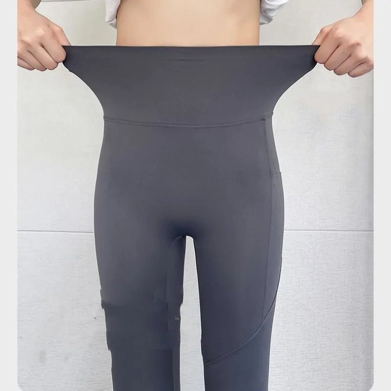 Minimalist Commute Summer Bodybuilding Leggings Women's Solid Spliced Gauze Letter Pockets Elastic High Waisted Yoga Tight Pants