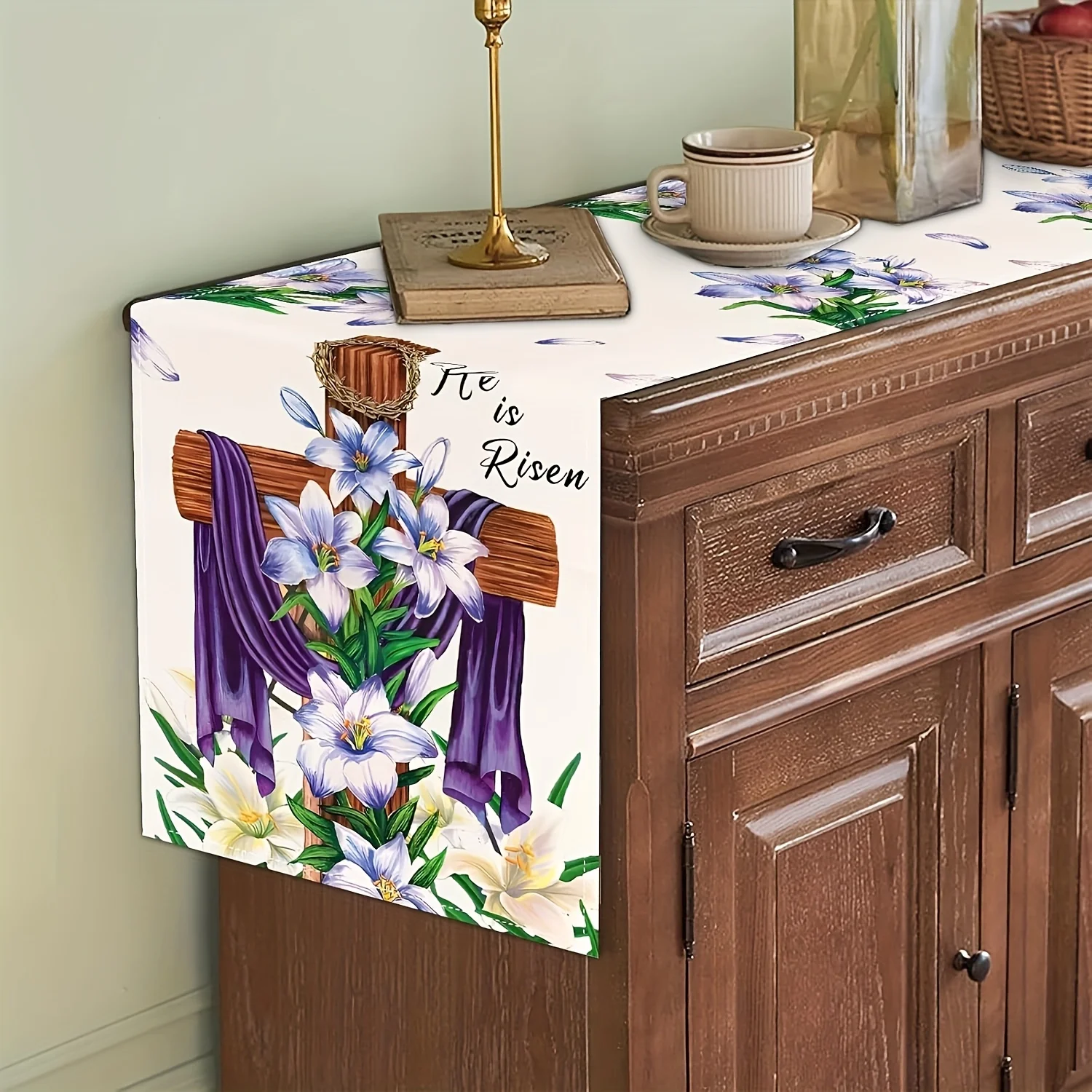 1pc Easter Celebration Table Runner - Linen Rectangular Woven Table Flag with Cross and Floral Design 2