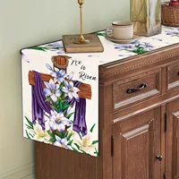 1pc Easter Celebration Table Runner - Linen Rectangular Woven Table Flag with Cross and Floral Design 2