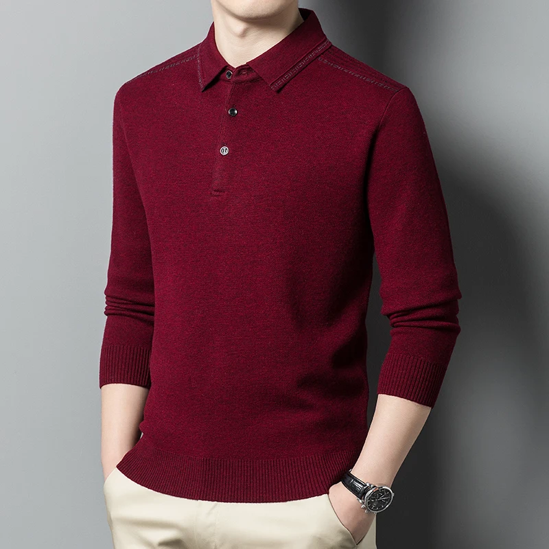 

Winter Thicken Thermal Woolen Sweater Lapel 100% Pure Wool Polo Shirt High-End Refined Men's Pullovers