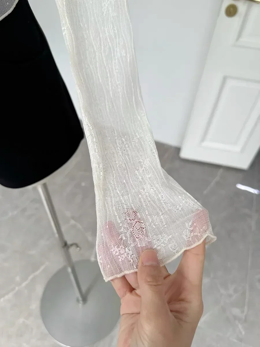 Korean Fashion Crop Top y2k Aesthetic Sweet Lace Patchwork Long Sleeve T Shirt with Bow 2000s Women Clothes Streetwear