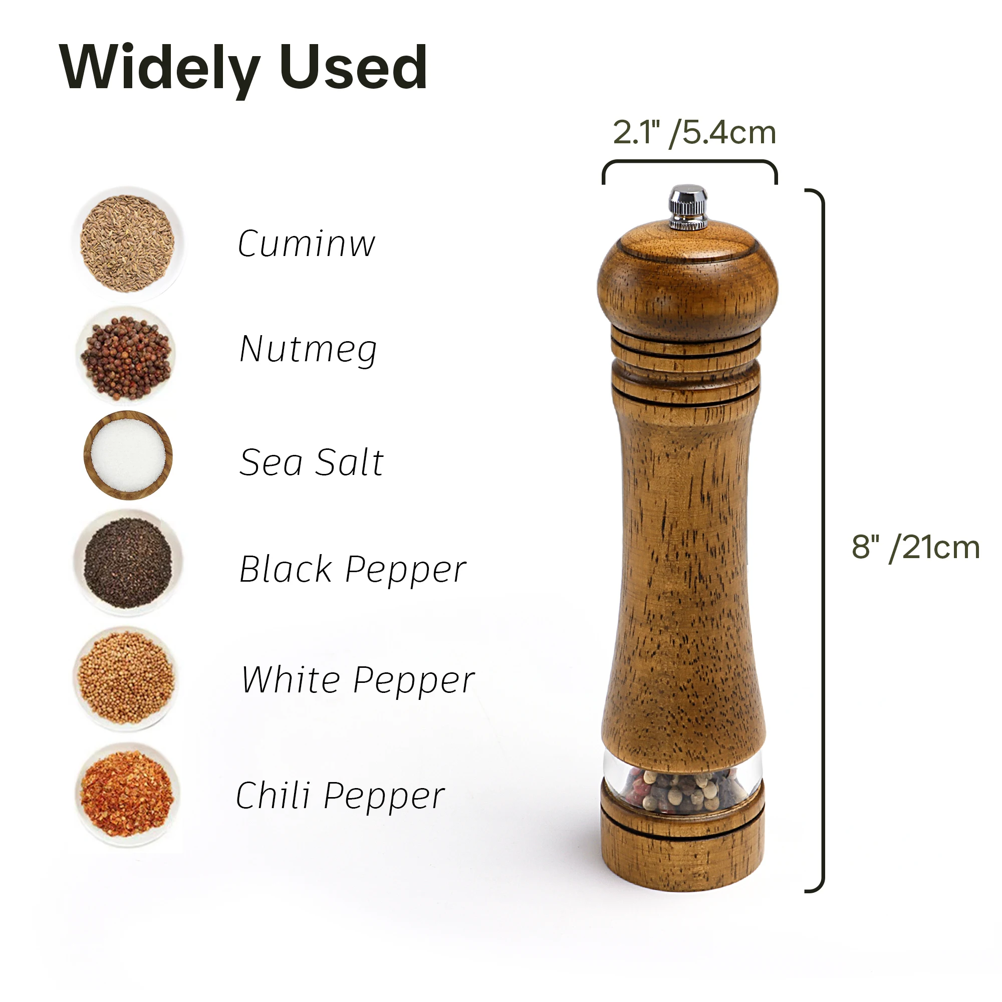 Wooden Spice Grinder with Acrylic Window &ndash; Adjustable Ceramic Mill for Pepper, Salt & More &ndash; Refillable Design 22cm