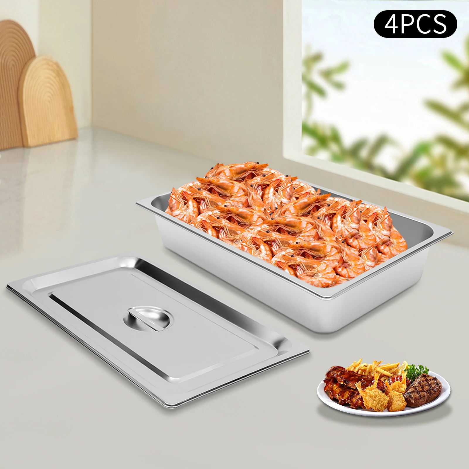4 Pack Steam Teable Pans 9L Stainless Steel Steam Table Pan 0.7 mm Thick Pan Food Container Warming Pans