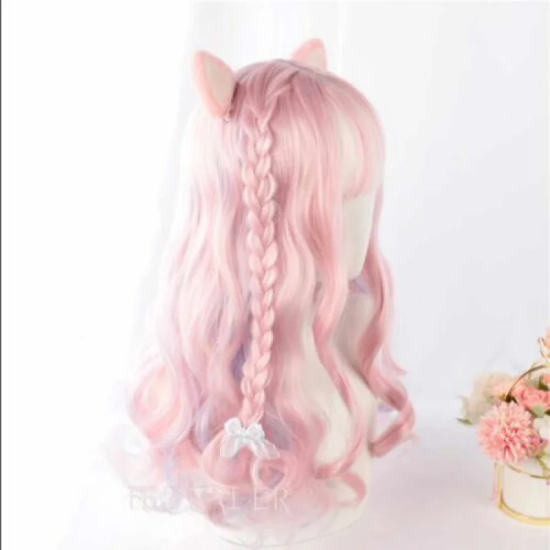 

Red blue gradient cat ear long curly hair cosplay Wig washable unisex's