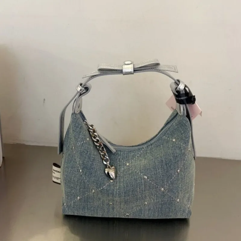 JIAERDI Blue Hotfix Denim Handbag Women Vintage Diamond Stitching Bow Underarm Bag Ladies Hot Girl Y2k Aesthetics Crossbody Bag