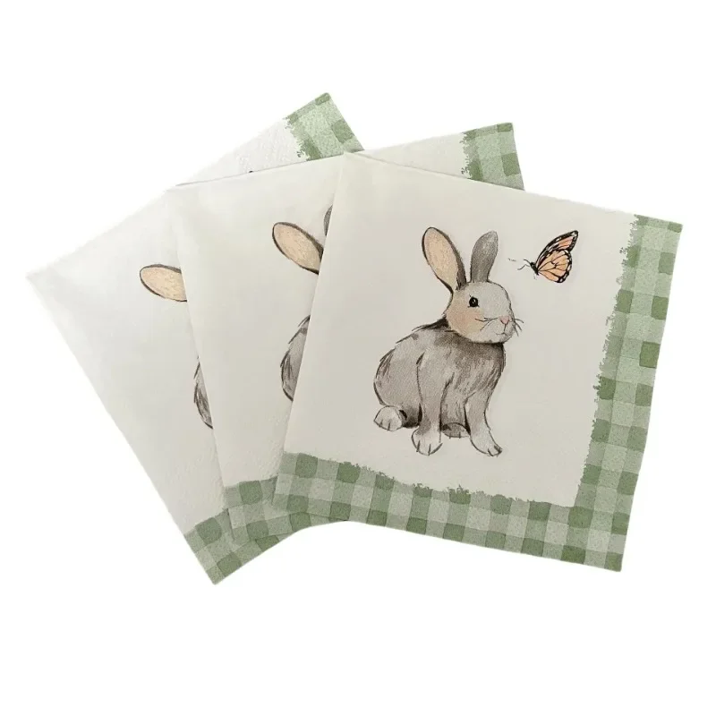 20pcs/Pac 3-Ply 25*25cm Easter Bunny Printed Party Napkins Green Plaid Handmade Butterfly Bone Bart Paper Placemats