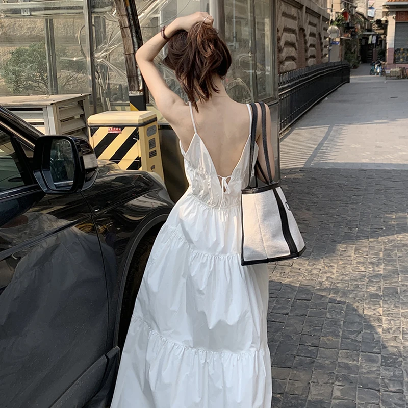 해변 휴가 탱크 드레스 여성 여름 v 넥 흰색 요정 같은 드레이프 롱 드레스 광발적 분위기 긴 가운