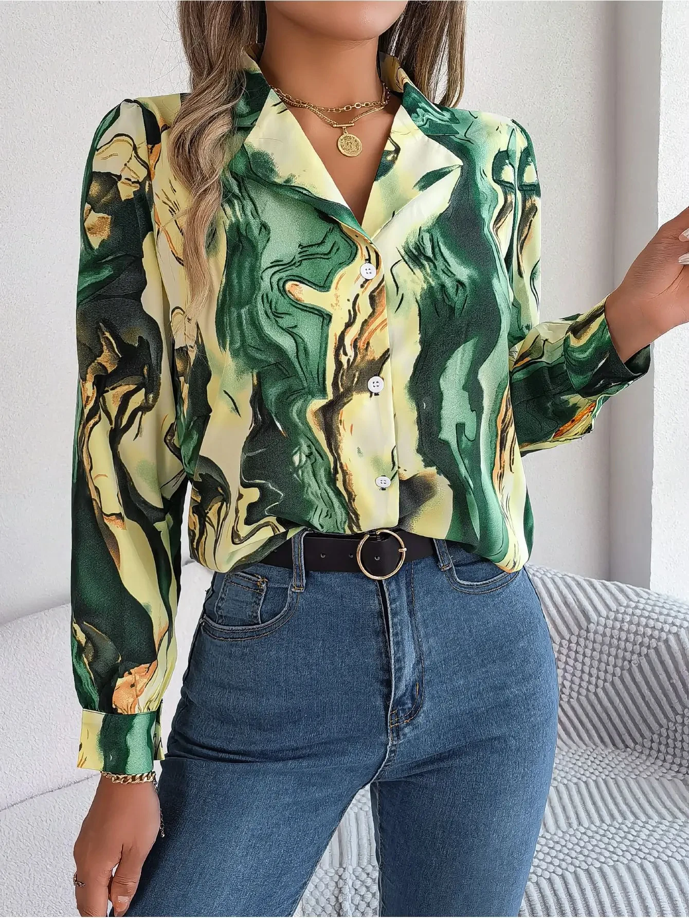

Autumn Winter Casual Notched Long Sleeve Shirt Women Single Breasted Contrasting Colors Blouse Elegant Office Lady Clothes