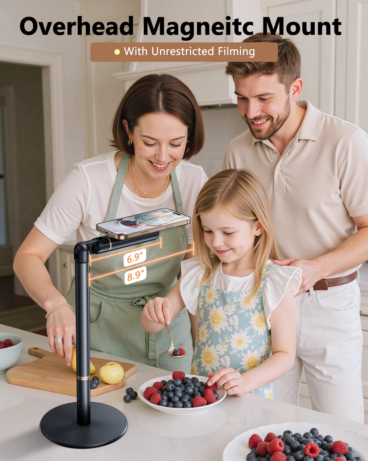 Eary Height Adjustable Magnetic iPhone Stand for Desk & Overhead Phone Holder for Video Recording 360°Rotate for iPhone 17 16 15