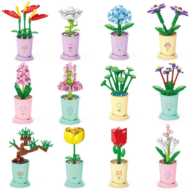 

MOC Mini Building Blocks Potted Flowers Ornaments Educational Assembled Models Compatible Small Bricks Toy For Children's Gift
