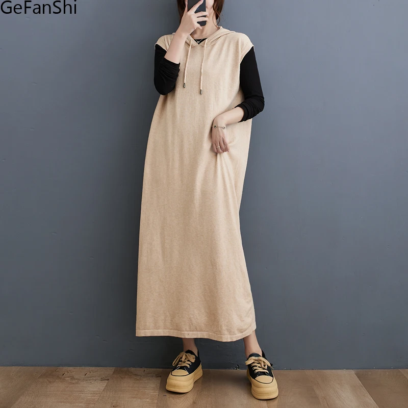 

Autumn Winter Knitting Hooded Sweater Dresses Women Sleeveless Fashion Casual Loose Dress Elegant Soft Vestidos Robe Femme