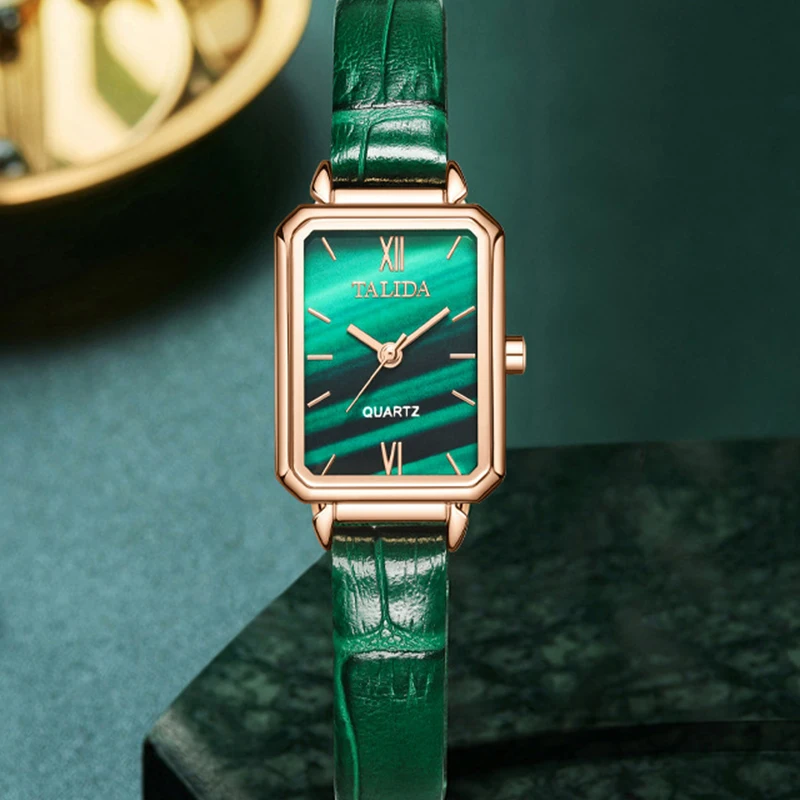 

Luxury Ladies Quartz Watch Emerald Dial Rose Gold Case Fashion Rectangular Waterproof Vintage Slim Dress Watch