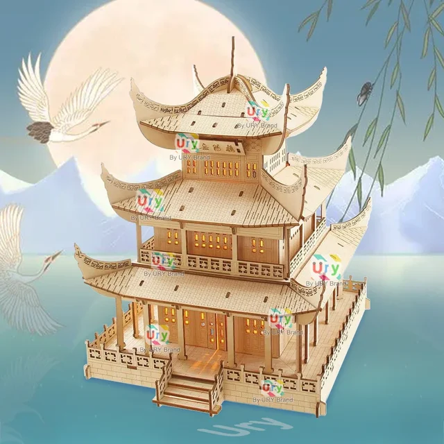 Ury 3D Wooden House Chinese Traditional Puzzle with Light Building DIY Model Game Assembly Desktop Toy Gift for Children Adult 4