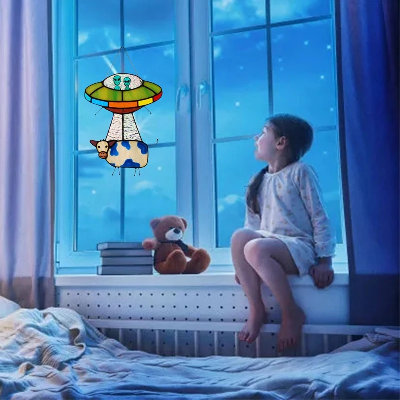 Painted UFO Pendant Cow Stained Glass Suncatcher Window Panel Door Hanging Garden Home Decoration
