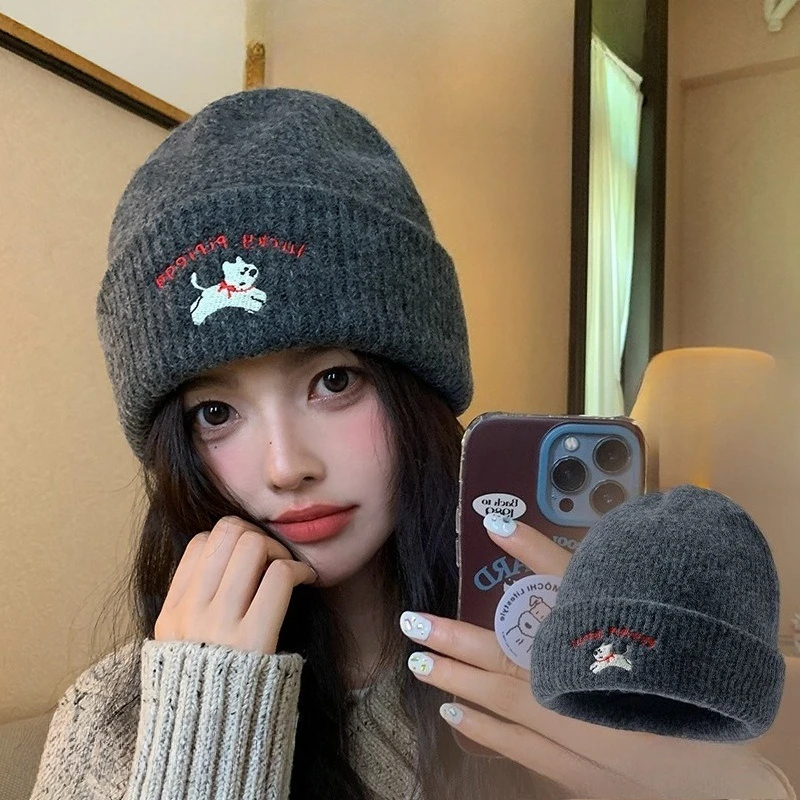 Winter Warm Knitted Wool Hat Embroidery Puppy Ear Protection Beanie Windproof Thermal Anti-cold Slouchy Outdoor Running Cap