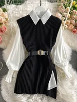Spring Autumn Women's Lantern Sleeve Shirt Knitted Vest Two Piece Sets of College Style Waistband Vest Two Sets Top UK900 - Image 2
