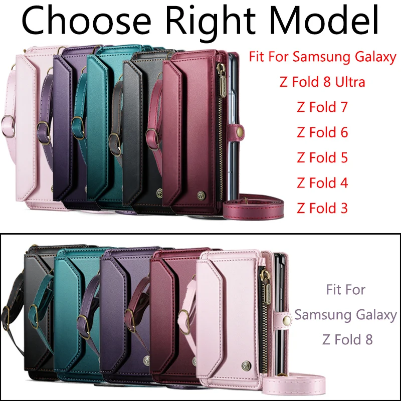 Lanyard Leather Zipper Wallet Card Phone Case with Crossbody Flip Stand Cover