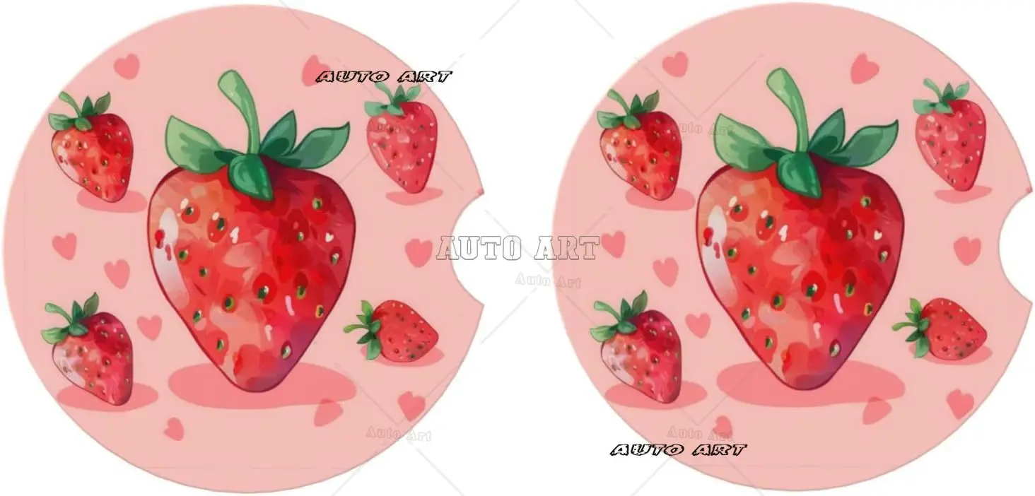 2 Pack Strawberry Cute Red Print Car Cup Holder Coaster Anti Slip Insert Ceramic Coaster with Cork Base and Finger Notch