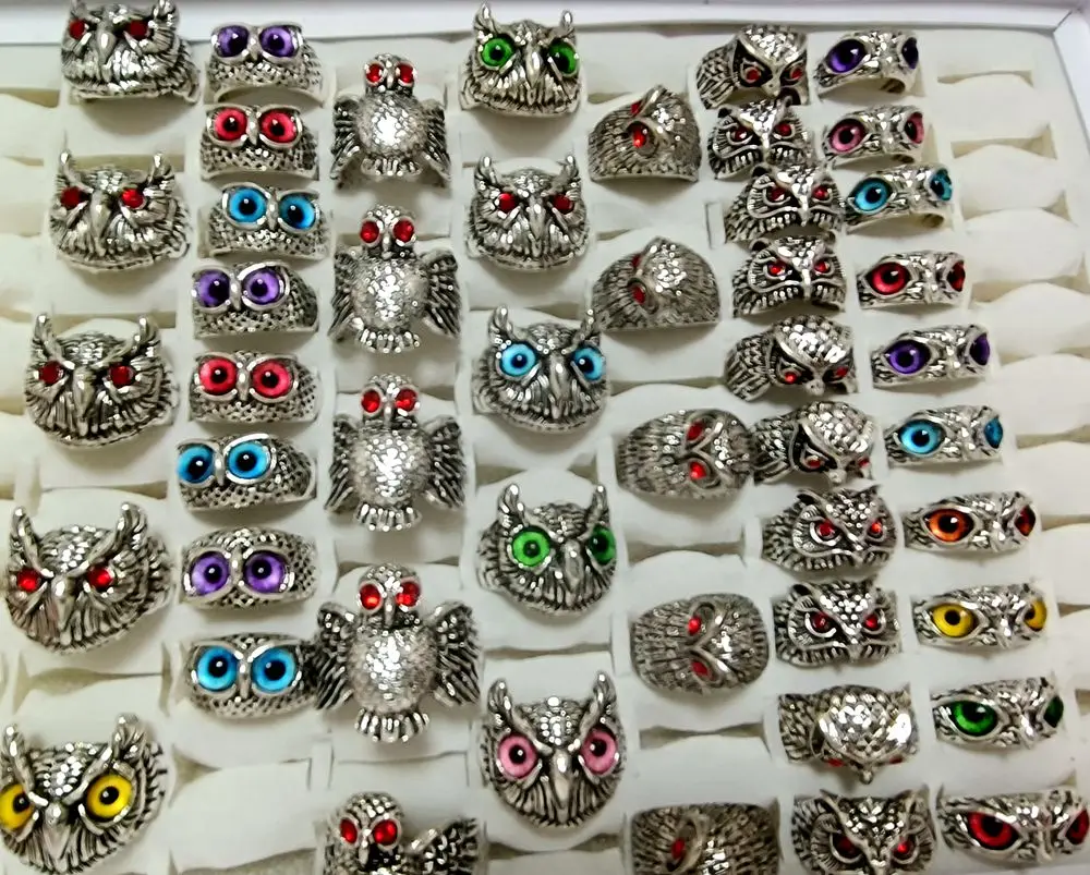 Wholesale 20/50Pcs All Owl Assorted Styles Eye Rings Resale Hot Jewelry Alloy Metal 6