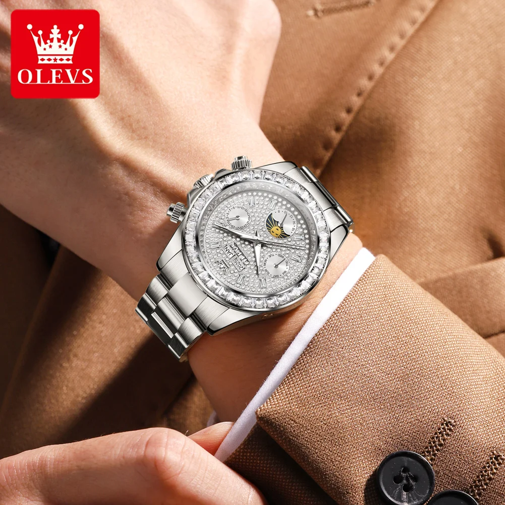 OLEVS 7038 Men Automatic Watch Full Diamond Mechanical Watch For Men Luxury Date Moonswatch Original Waterproof Male Wristwatch