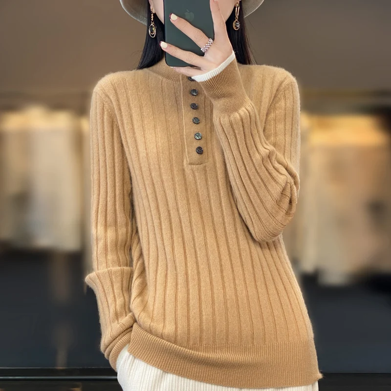 

Women Turn-Down Collar Pullover Sweater Solid Color Minimalist Style Soft Woolen Clothing Classic Versatile Half High Collar Top