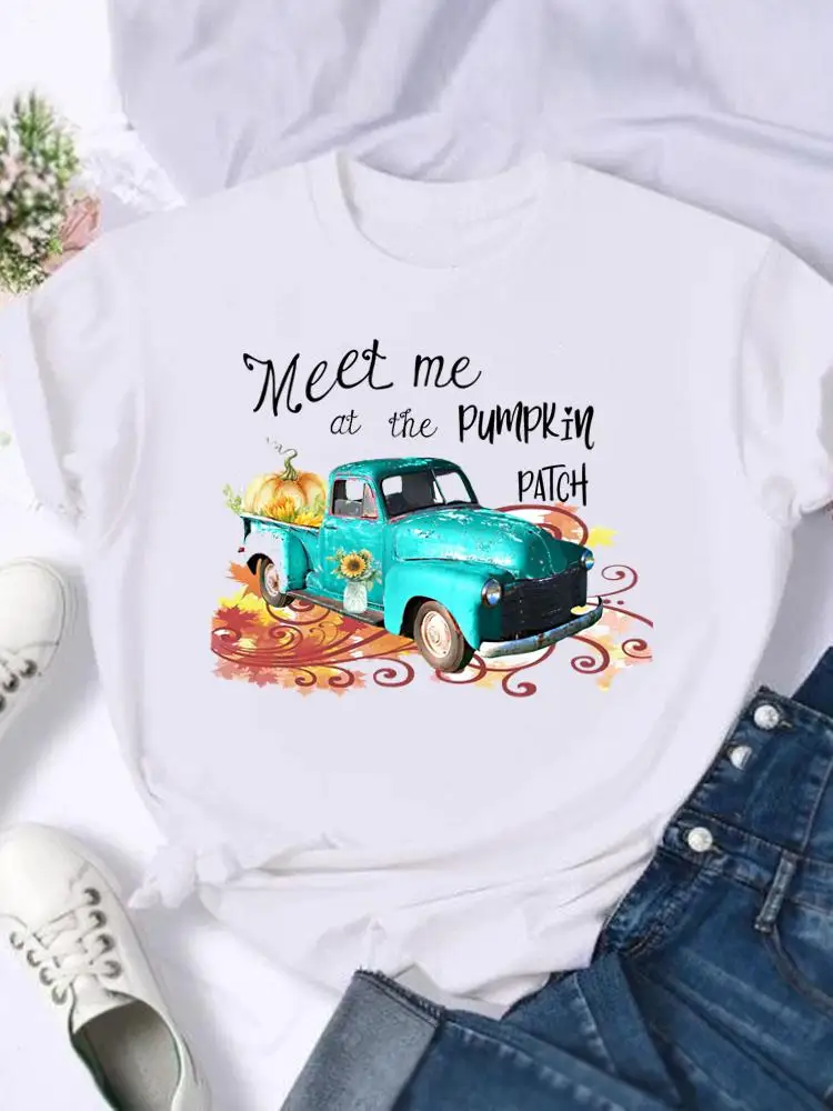 

Sweet Happy Halloween Thanksgiving Festival Women Female Fall Autumn Clothing Short Sleeve T-shirts Print Top Graphic Tee