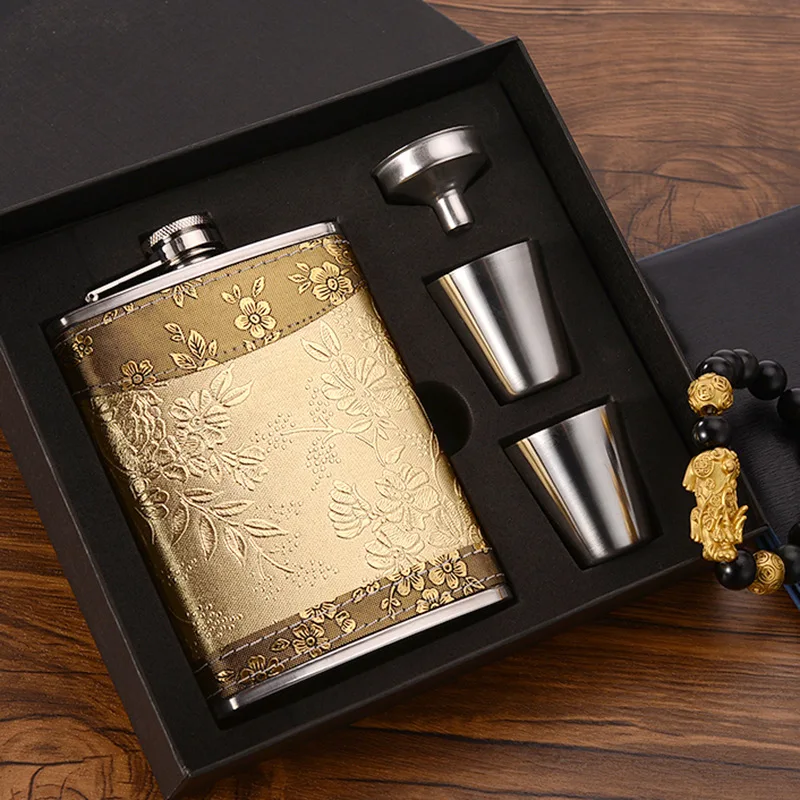 Description Picture 2 of itemGift Box Flask 7/8oz Pu Leather Wrapping Whisky Bottle Flagon 18/8 Stainless steel Hip Flask Pocket Alcohol Bottle