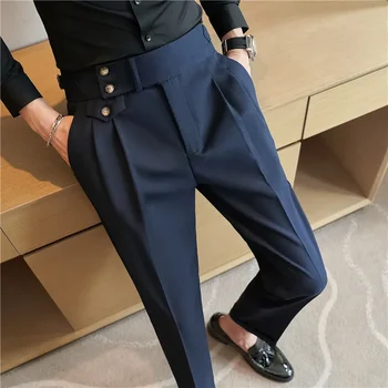 2025 Spring Autumn Men High Waist Belt Design Casual Slim Formal Dress Pant Men Social Office Wedding Party Dress Suit Pants 1