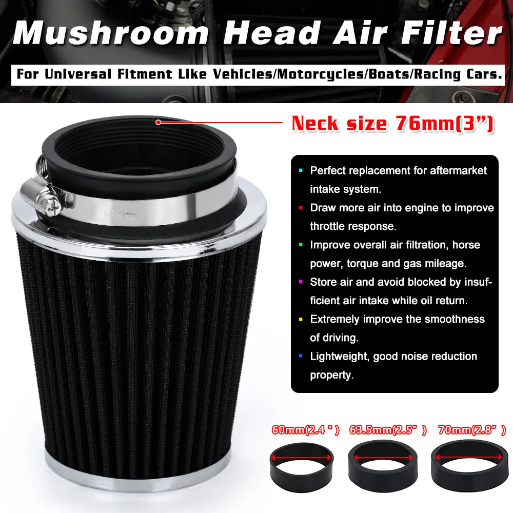 Car high flow cold air intake system mushroom head air filter 76mm 70mm 63.5mm 60mm