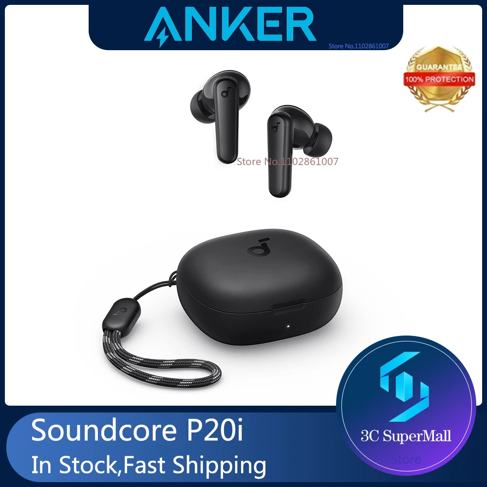 Anker Soundcore 트루 와이어리스 이어버드, 10mm 드라이버, 블루투스 5.3, 30HPlaytime, AI 클리어 통화용 마이크 2 개, 앱을 통한 지지대 EQ, P20i