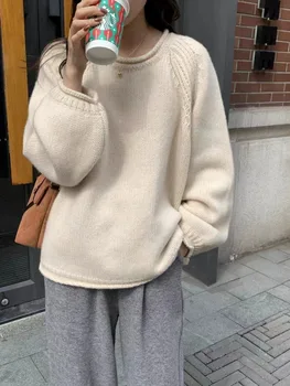 Autumn and winter new pure cashmere sweater for women with thick rolled edge round neck loose knit sweater bottoms 1