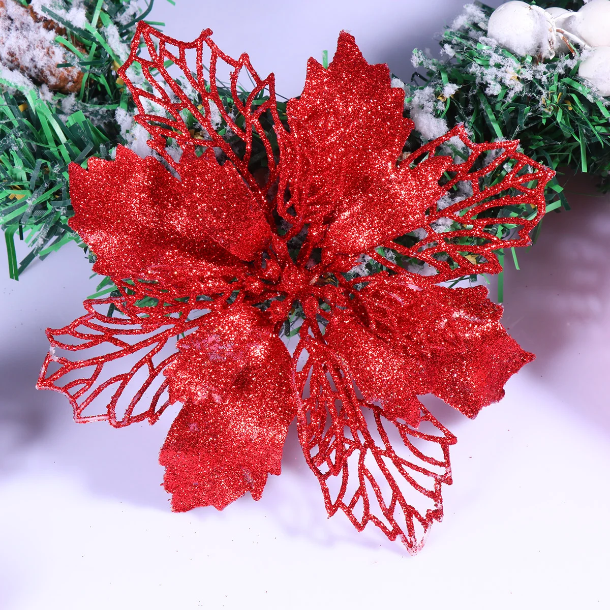 

12 шт. красные блестящие пуансеттийские цветы, 16x16 см Рождественская елка, цветы с блестками, пуансеттия, набор цветов для рождественской елки, венок на дерево