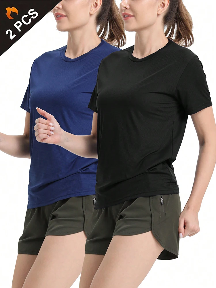 2Pcs Women's Solid Color Ultralight Quick Dry Sport T-Shirt, Breathable Lightweight Top For Fitness Training Workout Running Gym 3