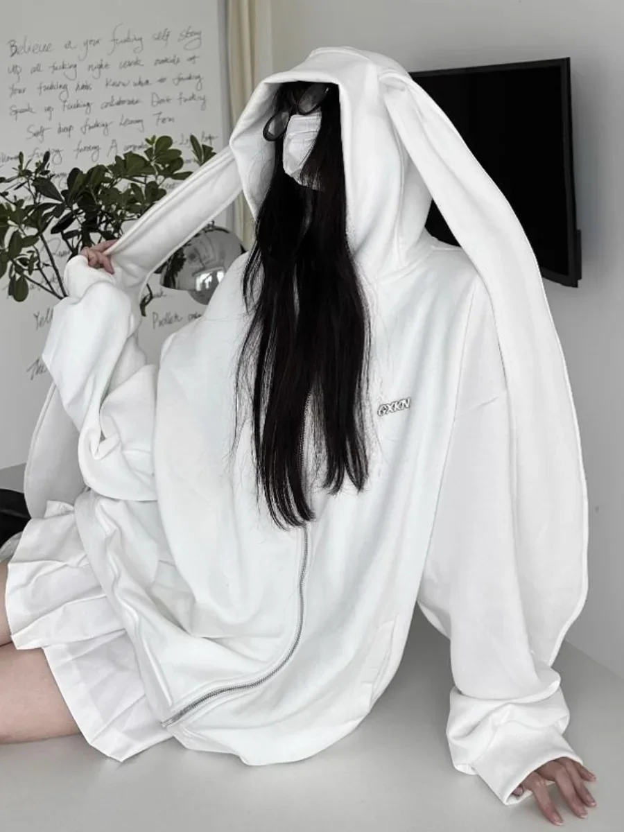 White Hoodies Women Cute Rabbit Hooed Sweatshirt Female Oversized Fashion Casual Zip Coat Lady Autumn Preppy Style Loose Hoodie