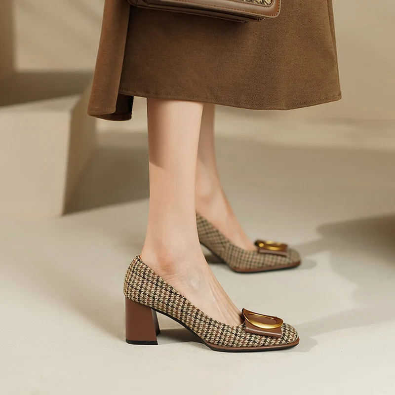 

Phoentin Women retro Gingham brown pumps Party high Heels Spring/Autumn Brand Round Toe office lady slip on Basic Shoes FT2874