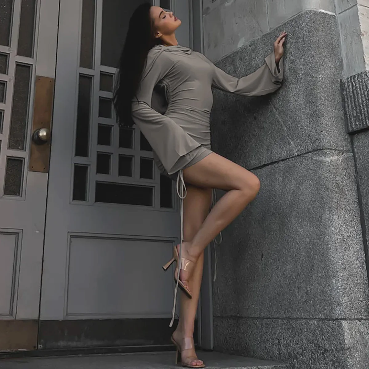 White Sexy Hoodie Mini Dress Women's Pleated Slim Long Sleeve Drawstring High Waist Party Dress Female Solid Autumn Dress