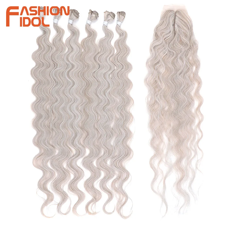 36 inch 7pcs/Pack Body Wave Hair Bundles With Closure Synthetic Hair Weft 320g Ombre Brown Fake Weave Bundles hair extensions