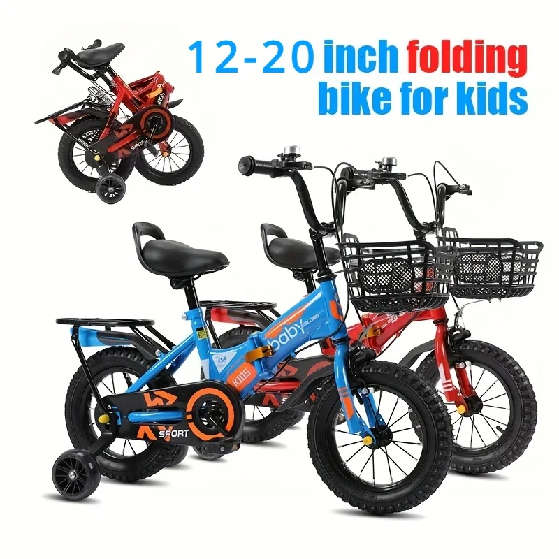 FoldableKidsBikewithSafetyTrainingWheelsSecureFrontRearBrakes