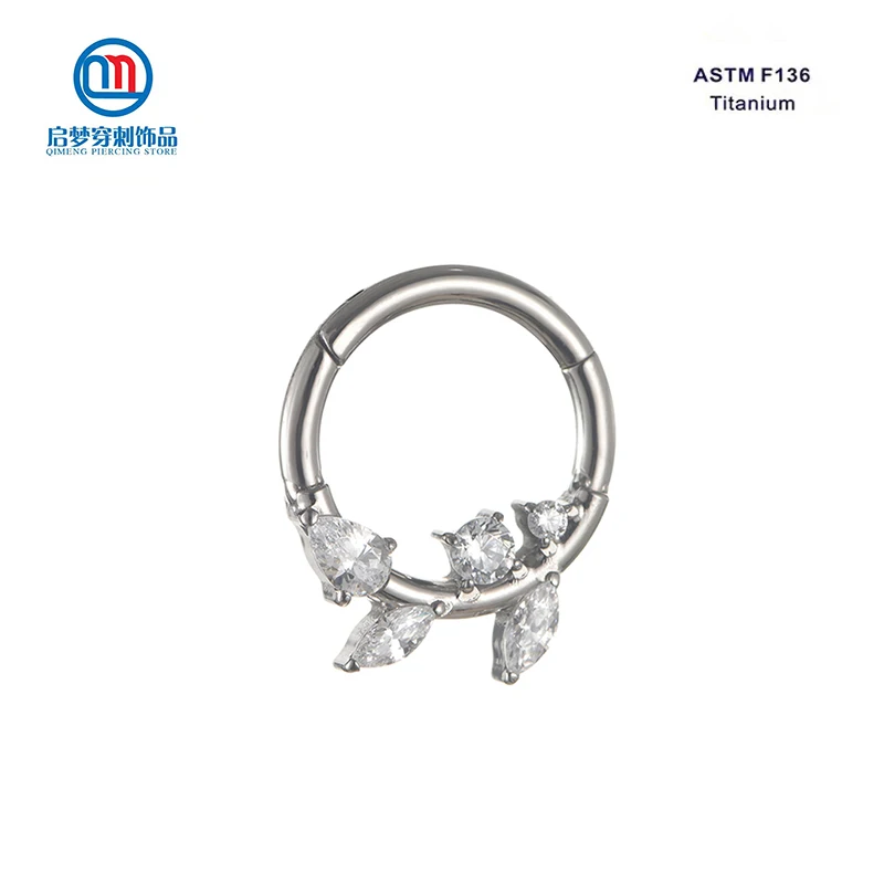 

ASTM F136 Titanium Nose Ring Clicker with Leafs Clear Zircon Hinged Segment Earrings Cartilage Hoop Piercing Jewelry