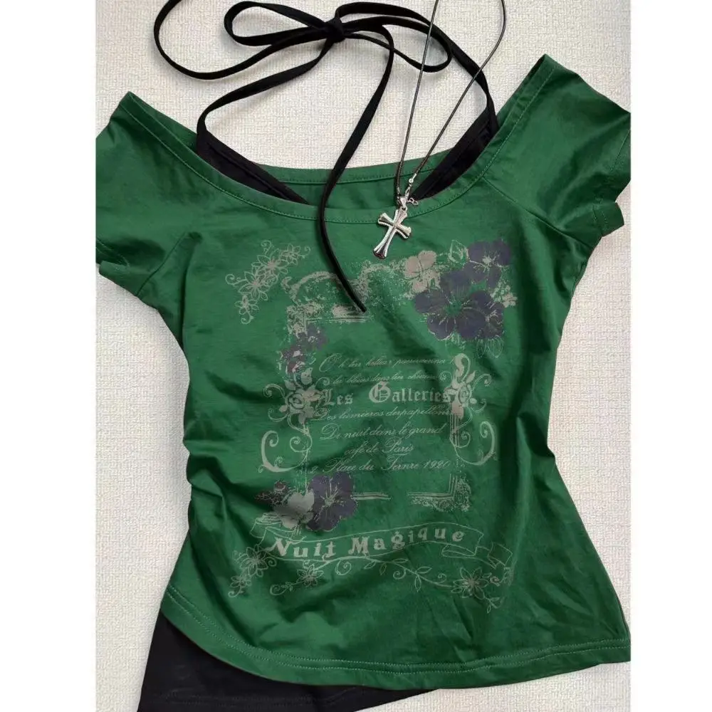 Vintage Retro Grunge Flower Print Crop Top - Y2K Summer Fashion Streetwear Halter Tee