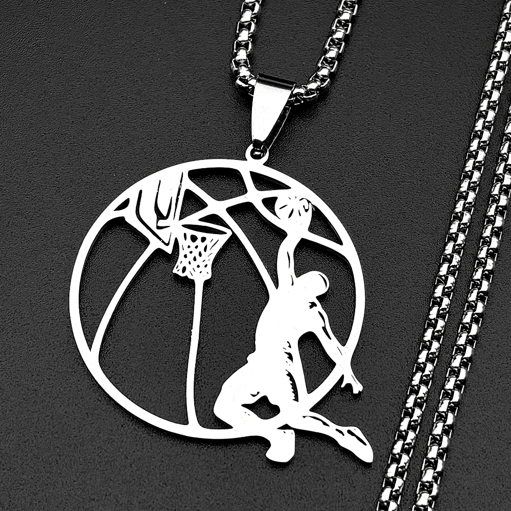 Slam Dunker Basketball-Anhänger-Halskette für Damen und Herren, Edelstahl, silberfarben, Sport-Stil, männliche Straßenkette, Schmuck, Geschenke