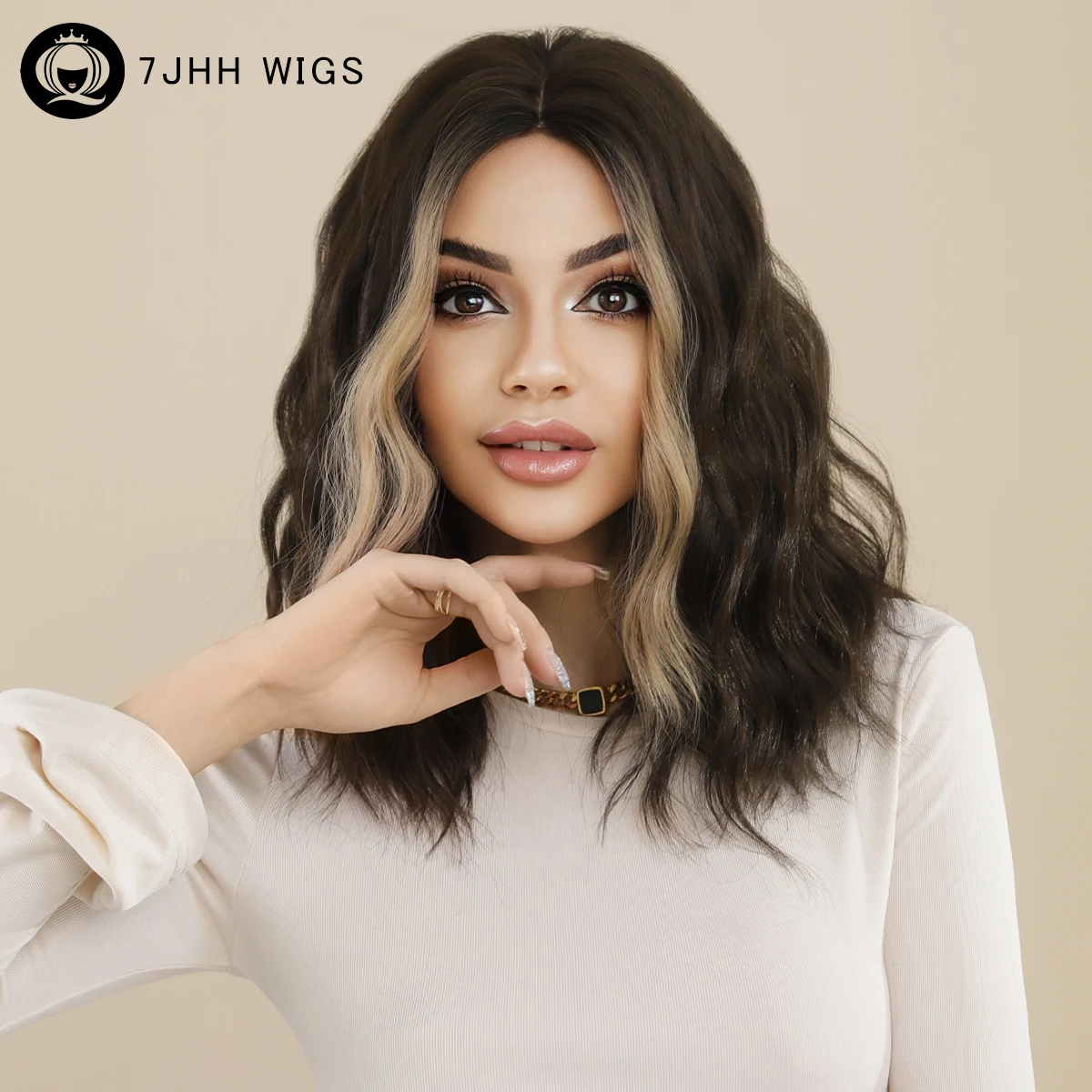 

7JHH WIGS Highlight Blonde Wig for Woman Daily Party Middle Wavy Hair Bob Wigs with Bangs Natural Synthetic Wig Heat Resistant