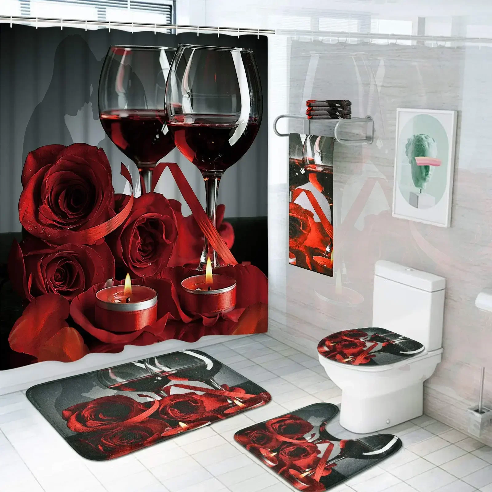 Red Rose Flowers Bathroom Curtains Black Fabric Shower Curtain Set Bath Mats Rugs Toilet Lid Cover Anti-skid Carpet Home Decor 2