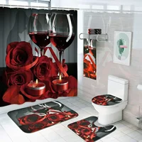 Red Rose Flowers Bathroom Curtains Black Fabric Shower Curtain Set Bath Mats Rugs Toilet Lid Cover Anti-skid Carpet Home Decor 2