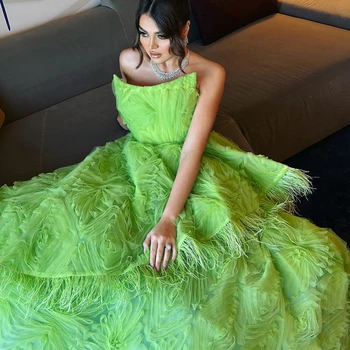 Custom Made Luxury Feather 3D Floral Dubai Lime Green Evening Dress Elegant Strapless Women Wedding Party Gown F034 1