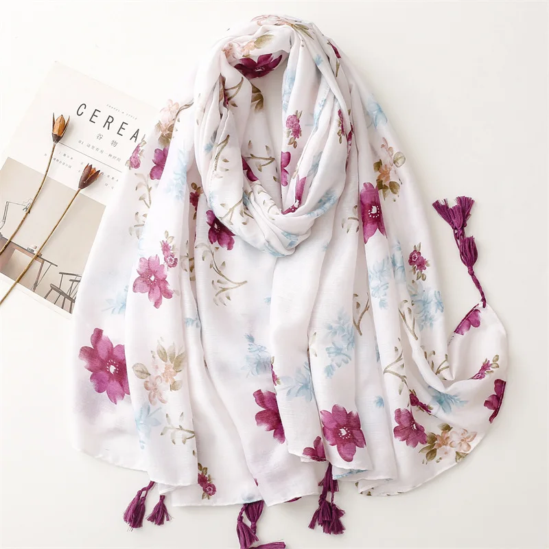 Ladies Fashion Purple Penoy Floral Tassel Viscose Shawl Scarf High Quality Print Soft Pashmina Stole Foulards Muslim Hijab Sjaal