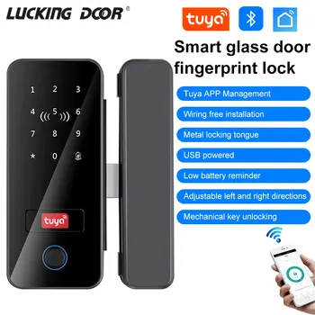 Tuya App Biometric Fingerprint Glass Door Lock Office Electronic Smart Card Lock with Remote Control Wifi Gateway Keyless Entry