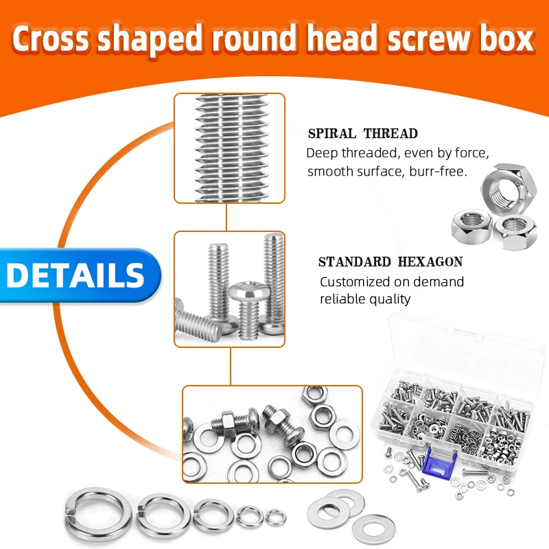 M3 M4 M5 M6 Cross Head Round Screws Spring Washer Flat Washer Bolt & Nut Assortment Kit for DIY, Furniture Assembly, Home Repair